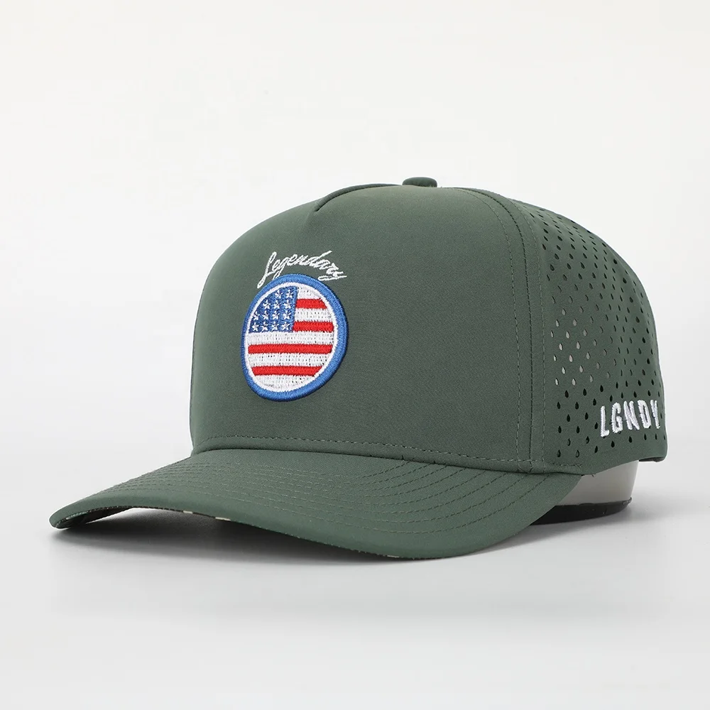 Oem Custom Men 5 Panel Green Polyester Embroidery Logo Perforated Golf Hat,Laser Cut Hole Baseball Gorras,Waterproof Sport Cap