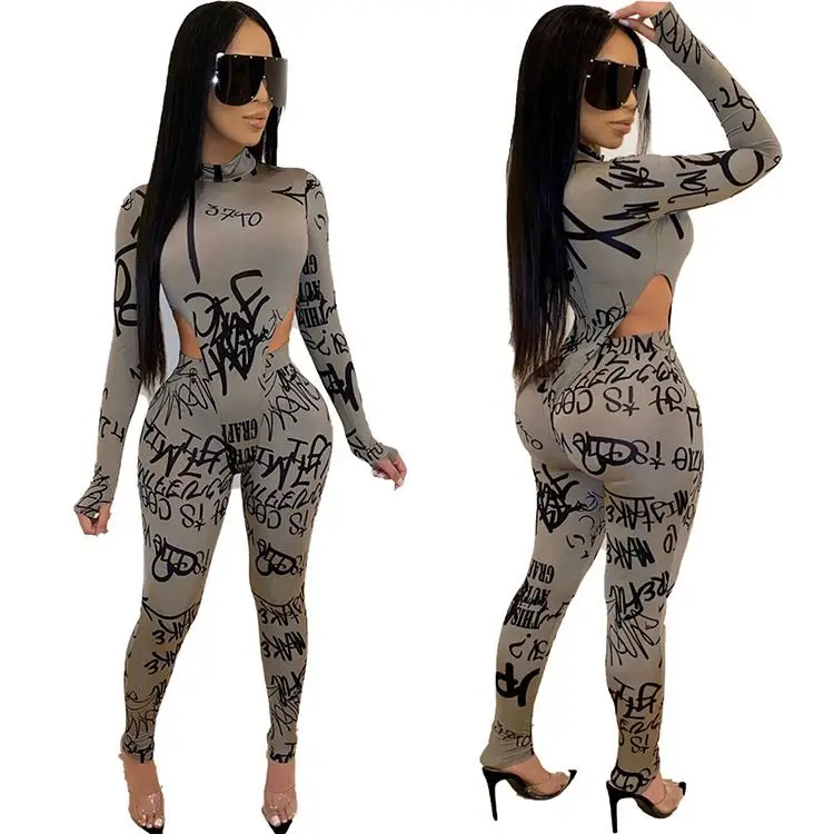 
11AF285 high quality letter print long sleeve bocysuit bodycon club two piece outfits set women clothing 
