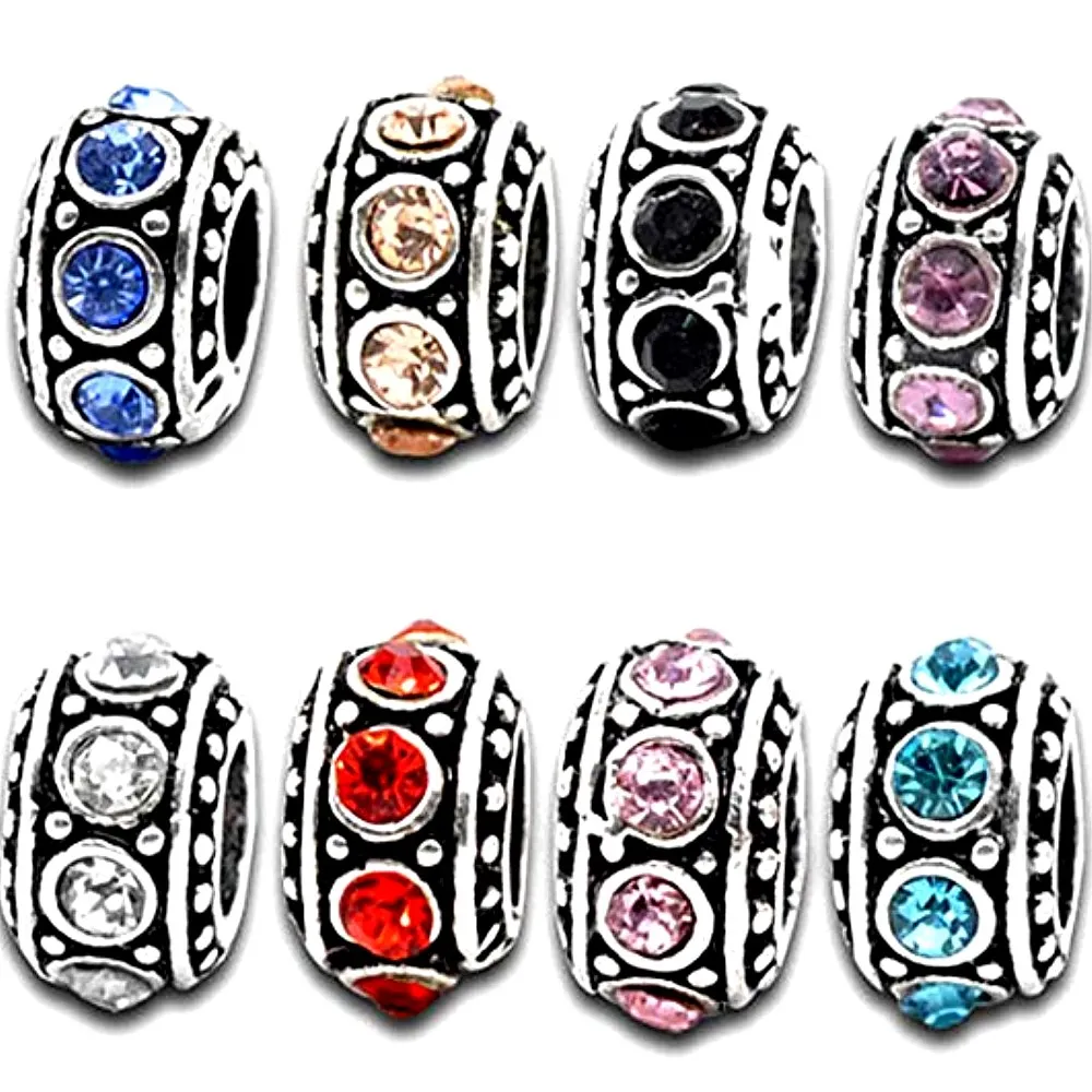 Antique Silver Plated Zinc Alloy Metal Spacer European Beads Charms With Rhinestone Fit Snake Chain Bracelet Necklace DIY