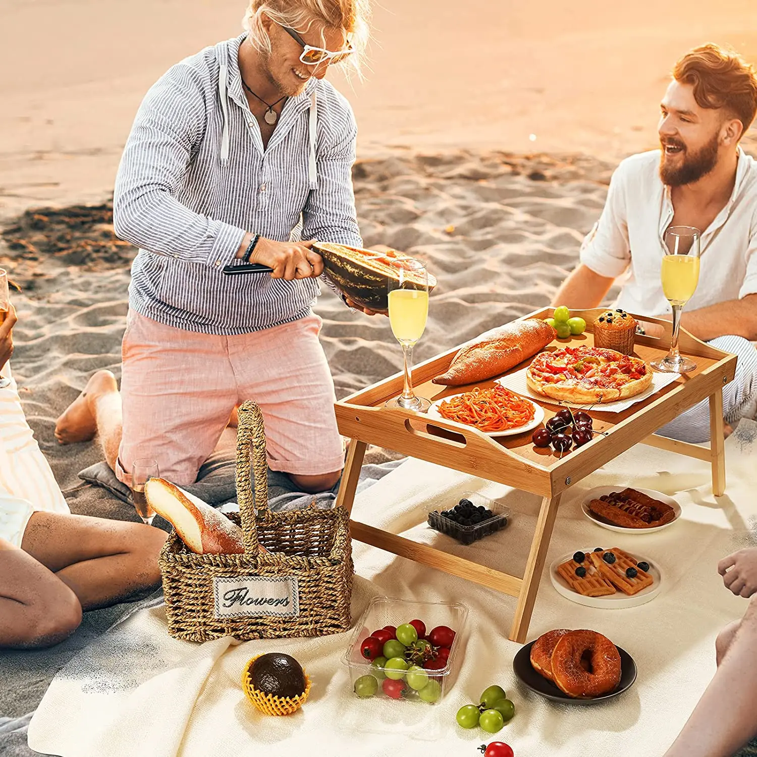 Multi-Functional Bamboo Bed Tray Table Bamboo Serving Tray with Folding Legs and Ipad Phone Slots