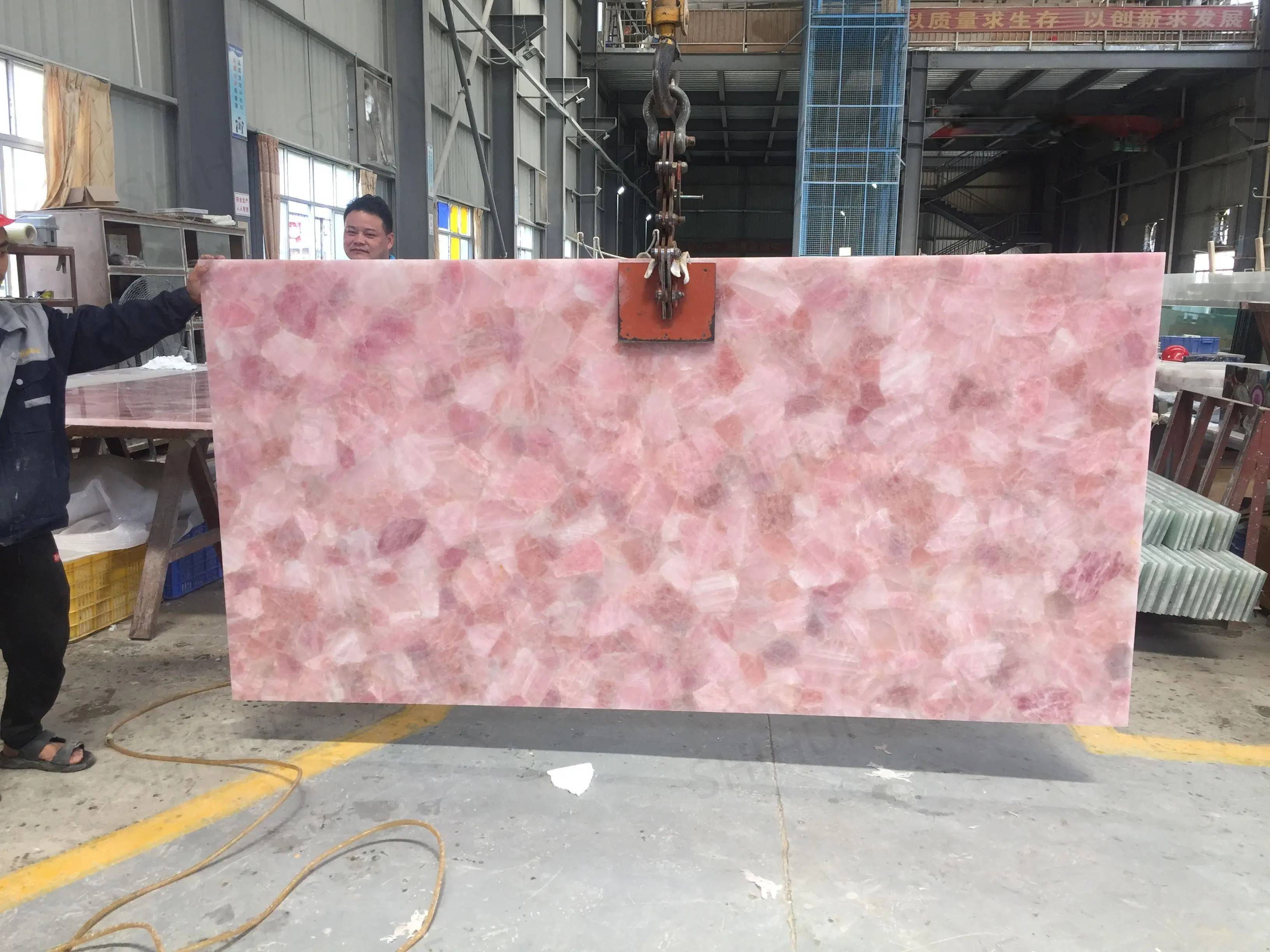 SHIHUI Natural Rose Quartz Pink Crystal Gemstone Slab Polished Backlit Wall Panels Flooring Semi-Precious Translucent Stone