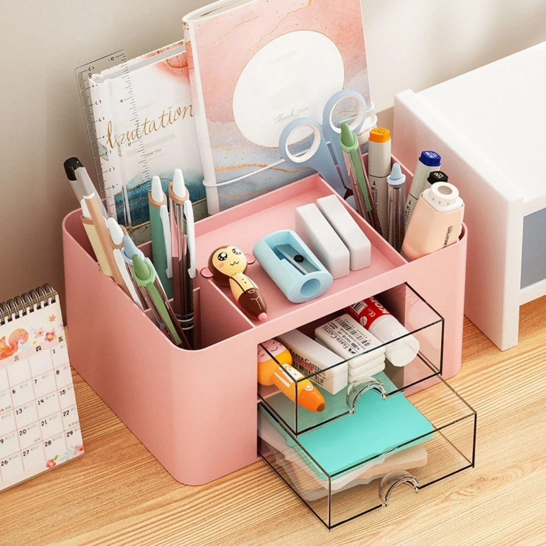 Pen organizer with 2 drawer multi-functional pencil holder with 5 compartments for Desk Organizers Office Art Supplies