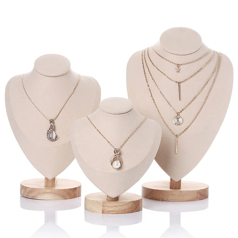 Professional Custom Jewelry Store Chain Display Stand White Pink Velvet Wood Jewelry Display Neck Necklace Bust For Show