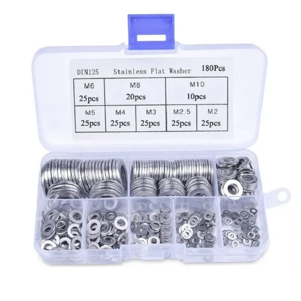 In box 180pcs 8 sizes fastener kit stainless steel assorted washers kit flat washer assortment sets