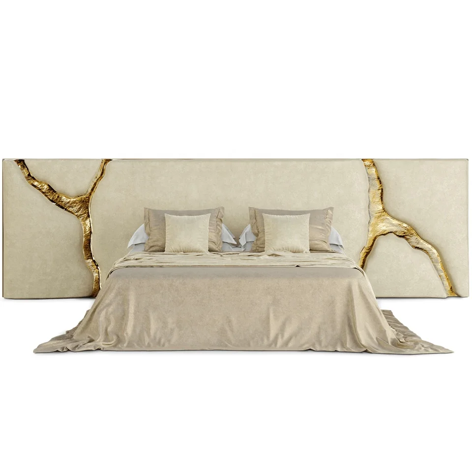 Gold metal style modern bedroom furniture set luxury headboard king size bed classic