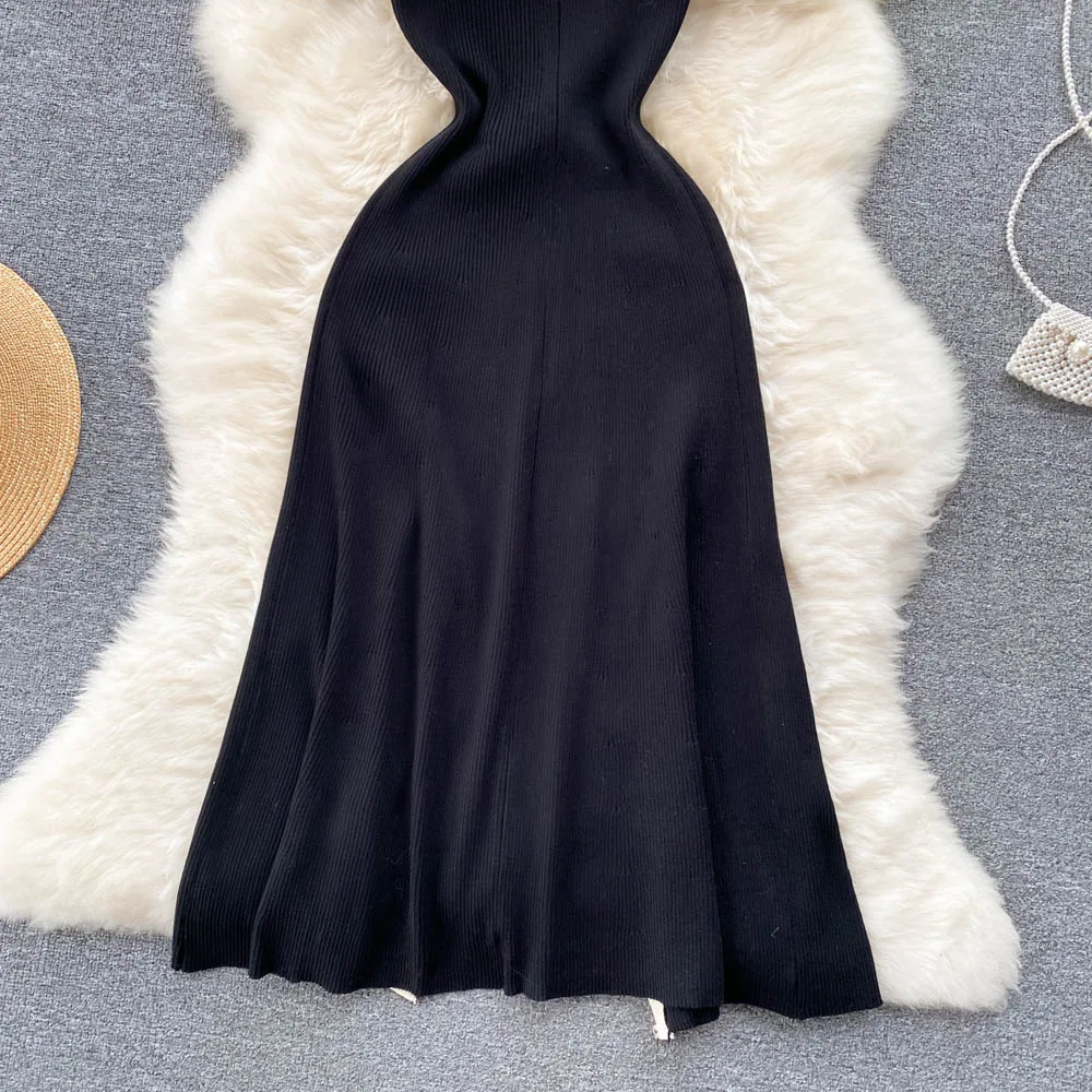 2024 Summer New Knitted Dress Women Contrast Color V Neck Temperament Dress Lady Slimming Short Sleeve Dress