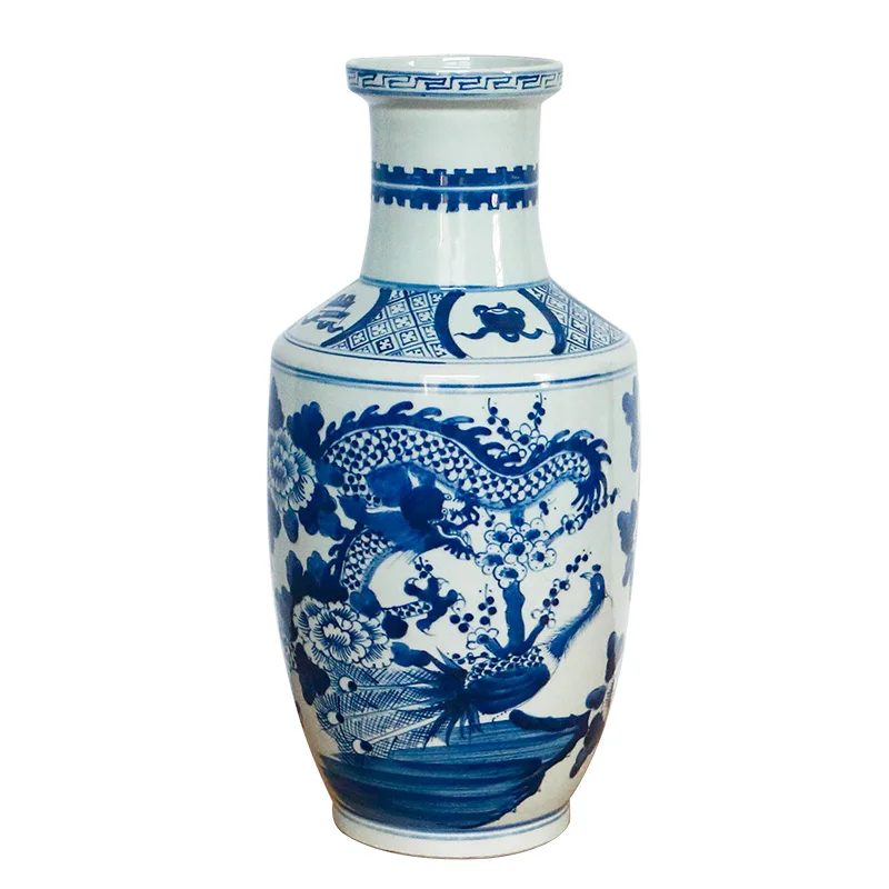 Chinese porcelain vase with blue and white hand painting  dragon classical ceramic vintage bottle for hotel and home decorative
