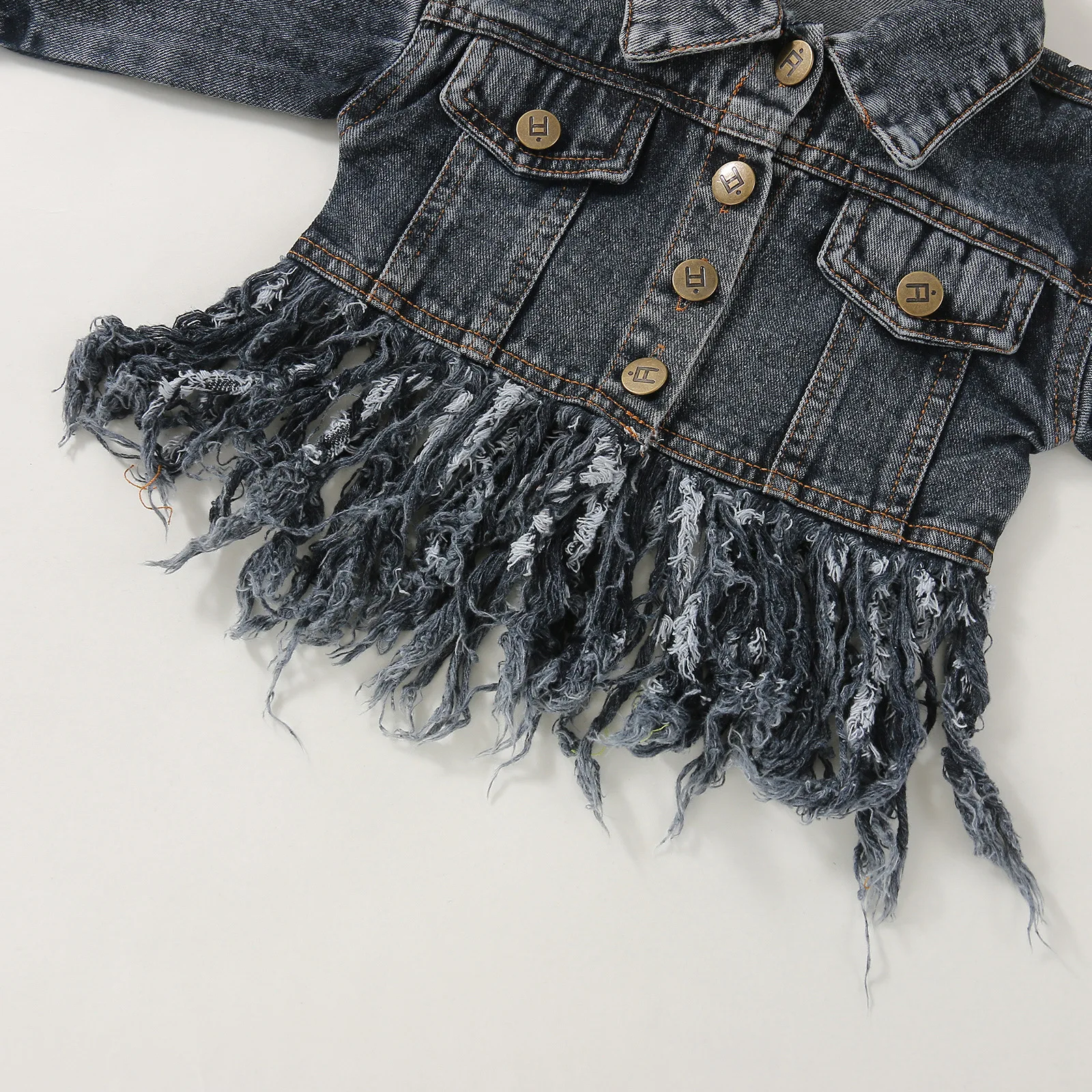 Fray Bottom Adorable Sweetness Baby Toddlers BIG SIS Black Fringe Denim Jacket Girls Dolly Fringe Detail Tassel Jean Jacket