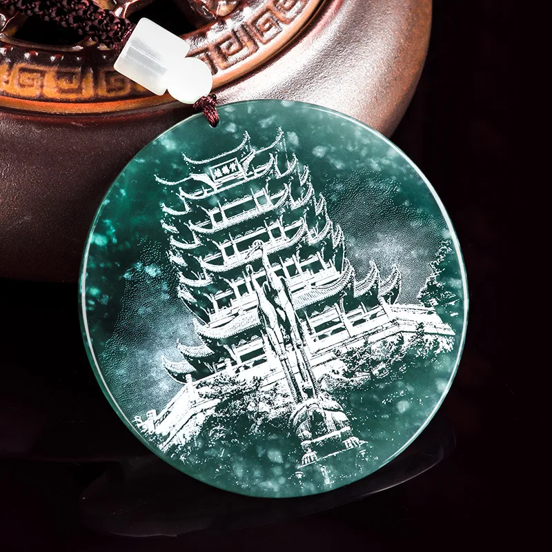 natural Jadeite Yellow Crane Tower landscape painting jade Pendant blue water kind of jadeite Chinese style UNISEX C131