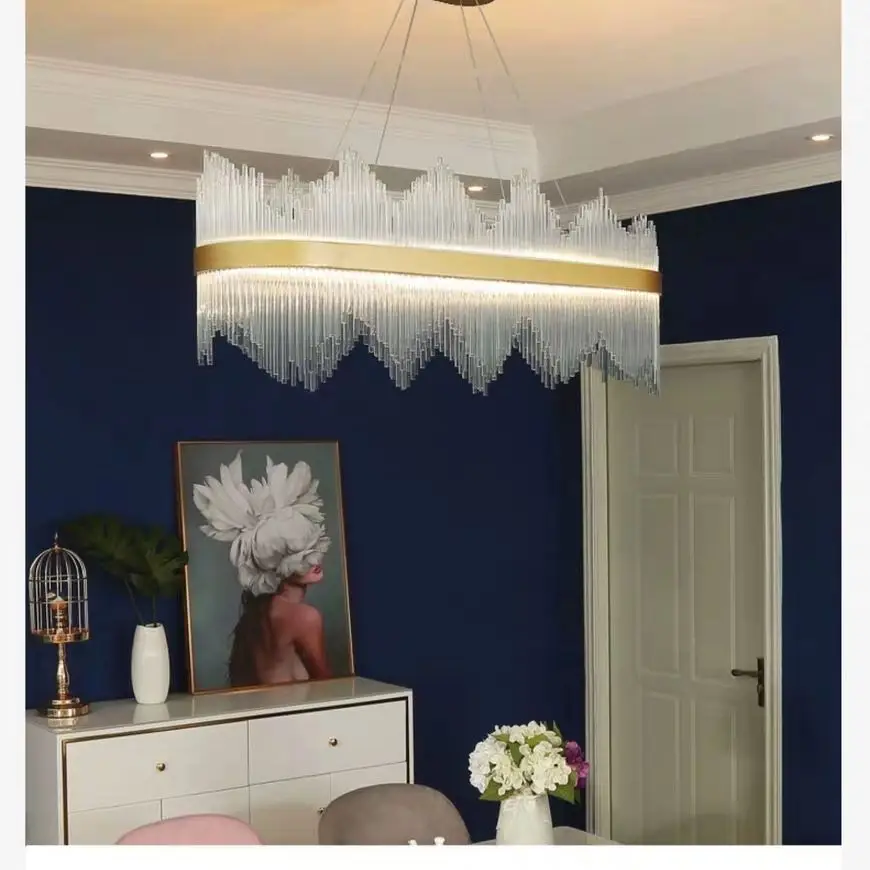 
Modern Style LED Glass Rod Hanging Light Gold Chandelier Crystal for Dining Table 