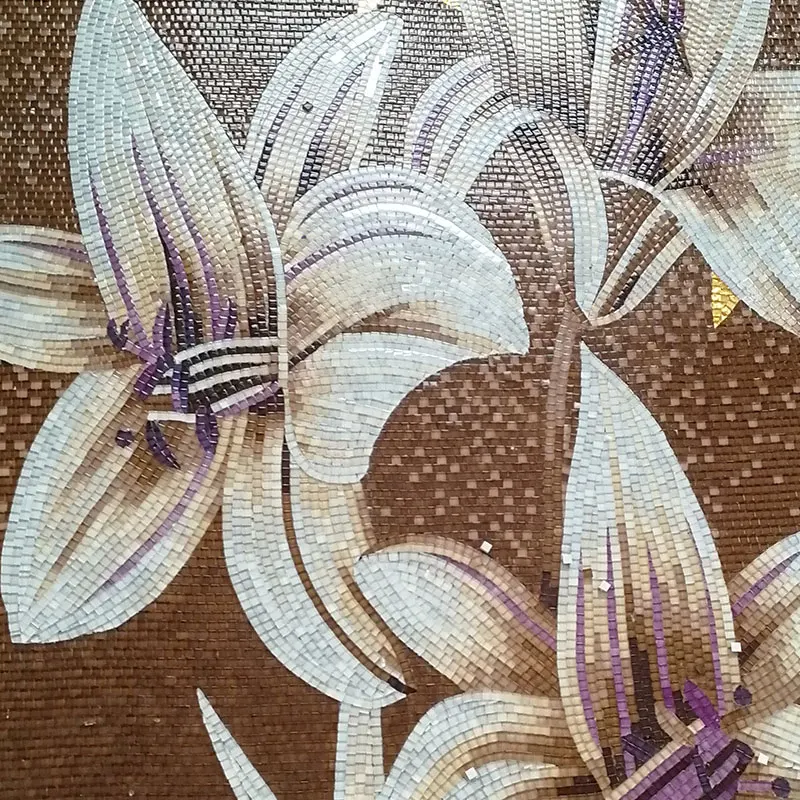 Classic Luxury Hand cut Gold Lily Flower Art Pattern Decorative Crystal Glass Mosaic Mural Tile Pictures