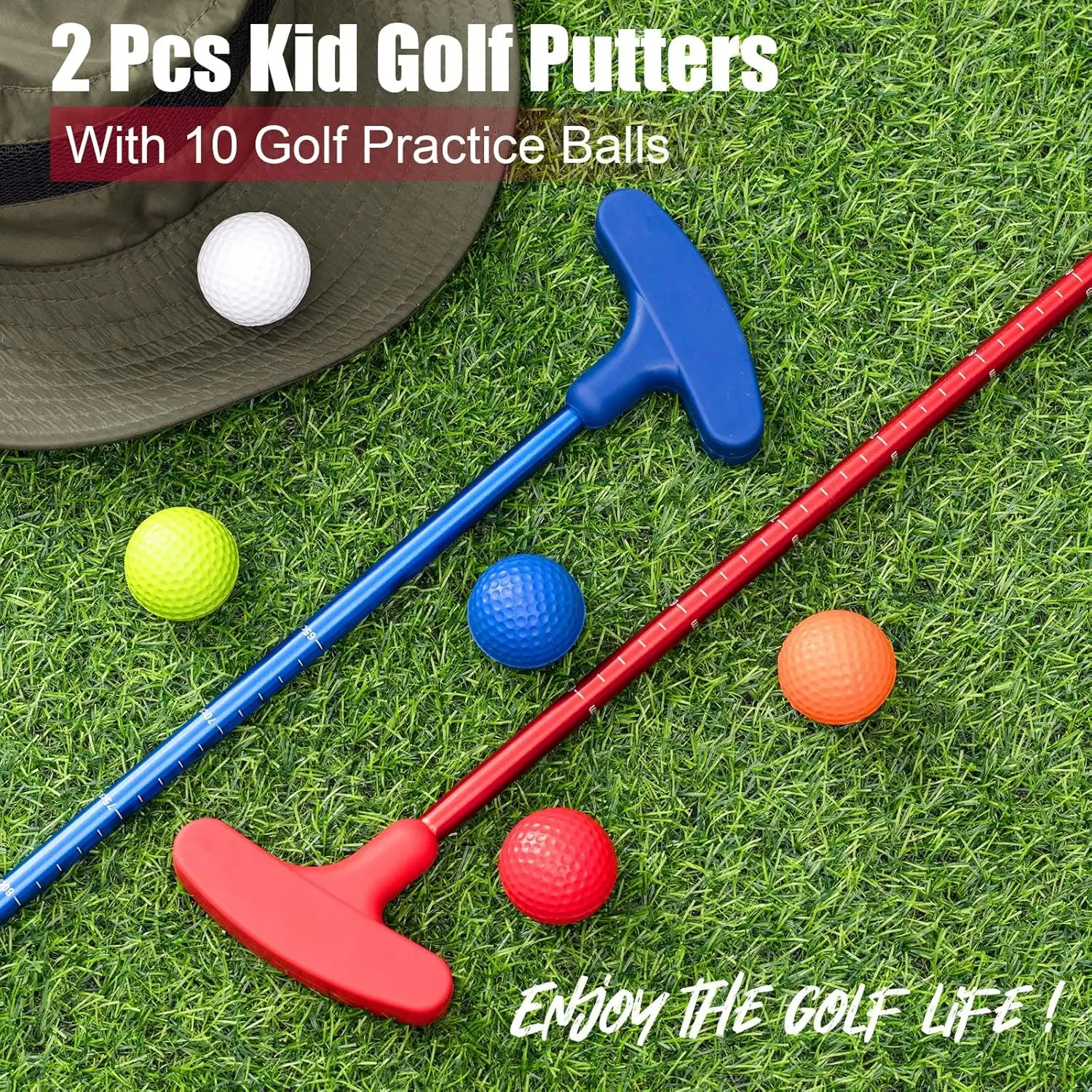 Two 2-segment bidirectional telescopic golf putters are suitable for any left-handed or right-handed golfer with 8 balls.