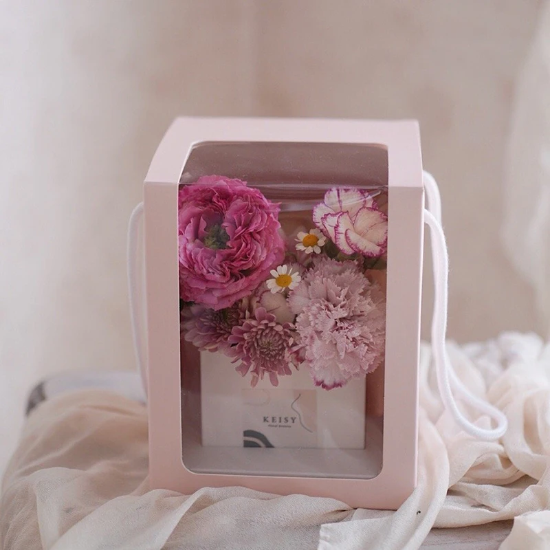 Hot sale clear box flower packaging cardboard boxes window gift boxes with handles