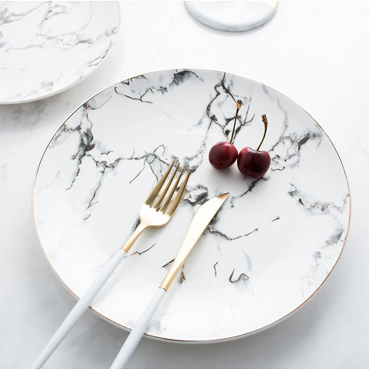 2021 Gold Marble Design Porcelan Plates Color Glazed Dinnerware Vaisselle Lux Round Ceramic Euro Plate