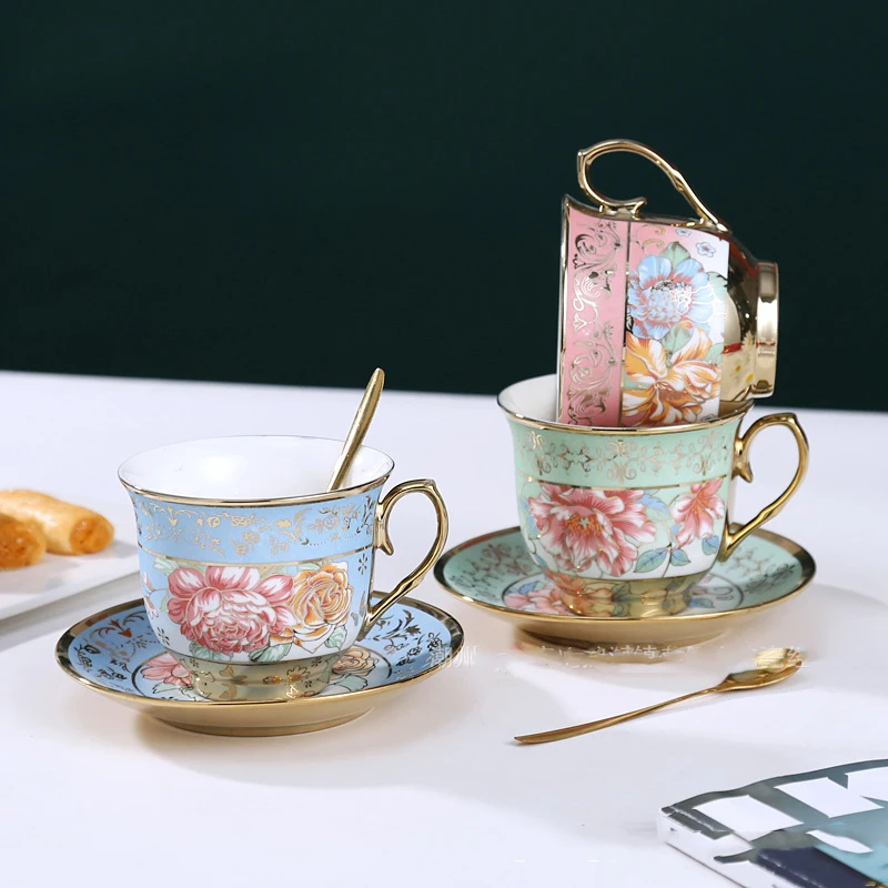 Custom Gift Box European Vintage Luxury Floral Porcelain Ceramic Coffee Tea Cup Set with Saucers Gold Spoon