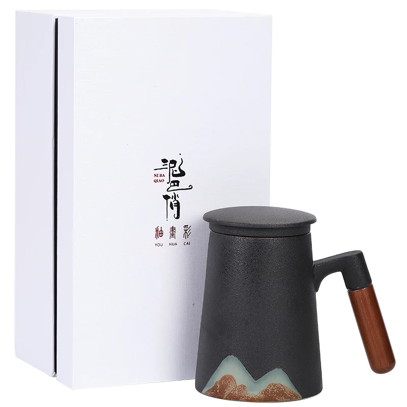 Japanese Hand-Painted Large Capacity Ceramic Tea Cup Far-Mountain Jukai Mug Office Home Filter Cover Coffee Lid Three-Piece Set