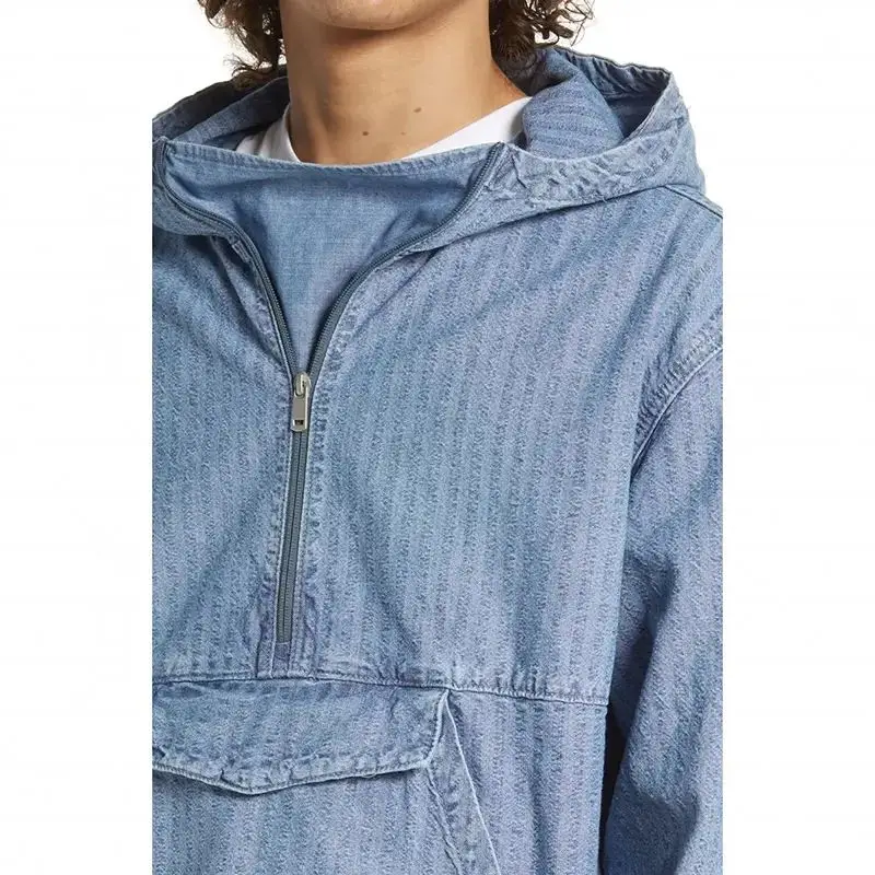 DOVEN OEM Manufacturer Custom Logo Cotton Cargo Vintage Faded Denim Anorak Half Zipper Placket Mens Windbreaker Jacket Hoodie