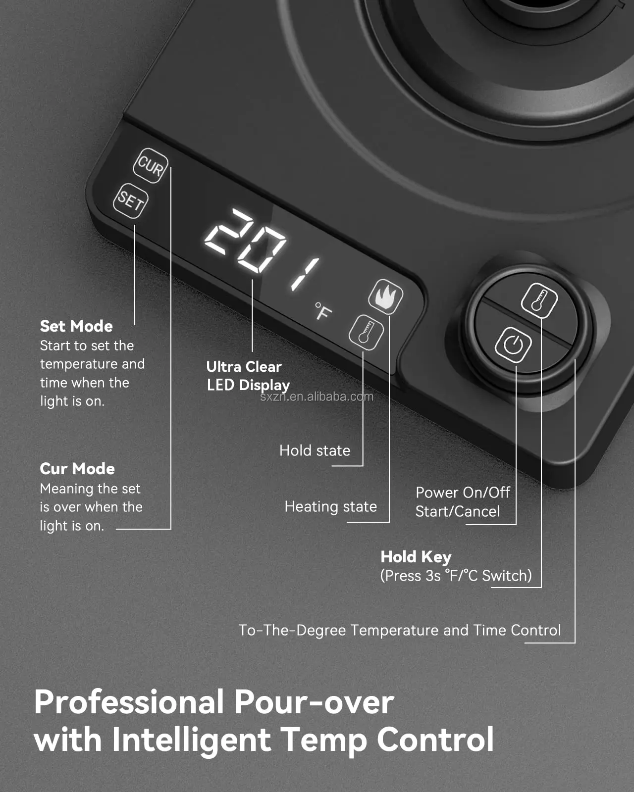 Stainless Steel Electric Variable Temperature Setting Gooseneck Kettle for Pour Over Coffee