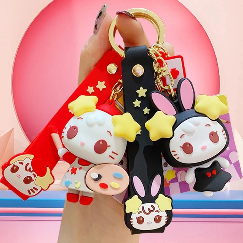 Cartoon Auspicious Bunny Girl Cat Maid keychains For Women Cute Magician Lucky Cat Clown Cat Animal Key Chain Bag Pendant Gifts