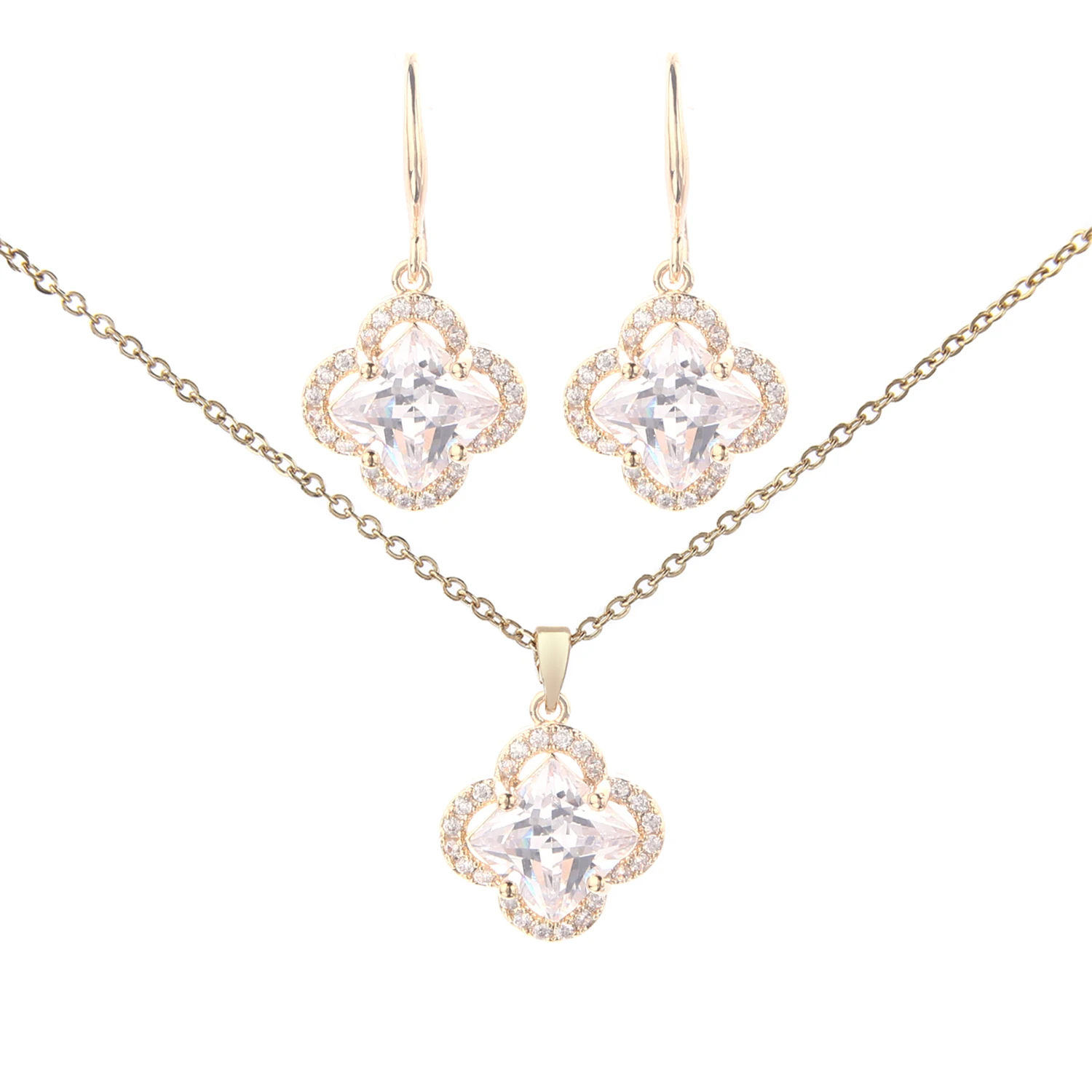 Fashion Four Leaf Clover Jewelry Sets Cubic Zirconia Pendant Gold Plated Earring Necklace Jewelry Set For Woman