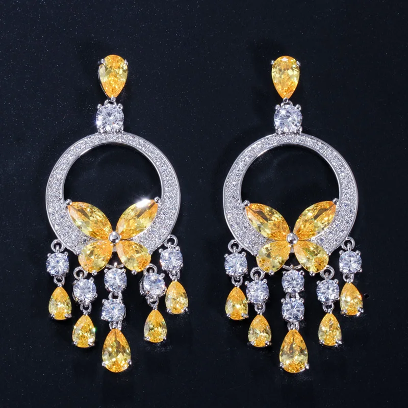 HIgh End Long Big CZ Stone Yellow Crystal Tassel Drop Earrings for Women Fashion Statement Wedding Party Jewelry Accessories