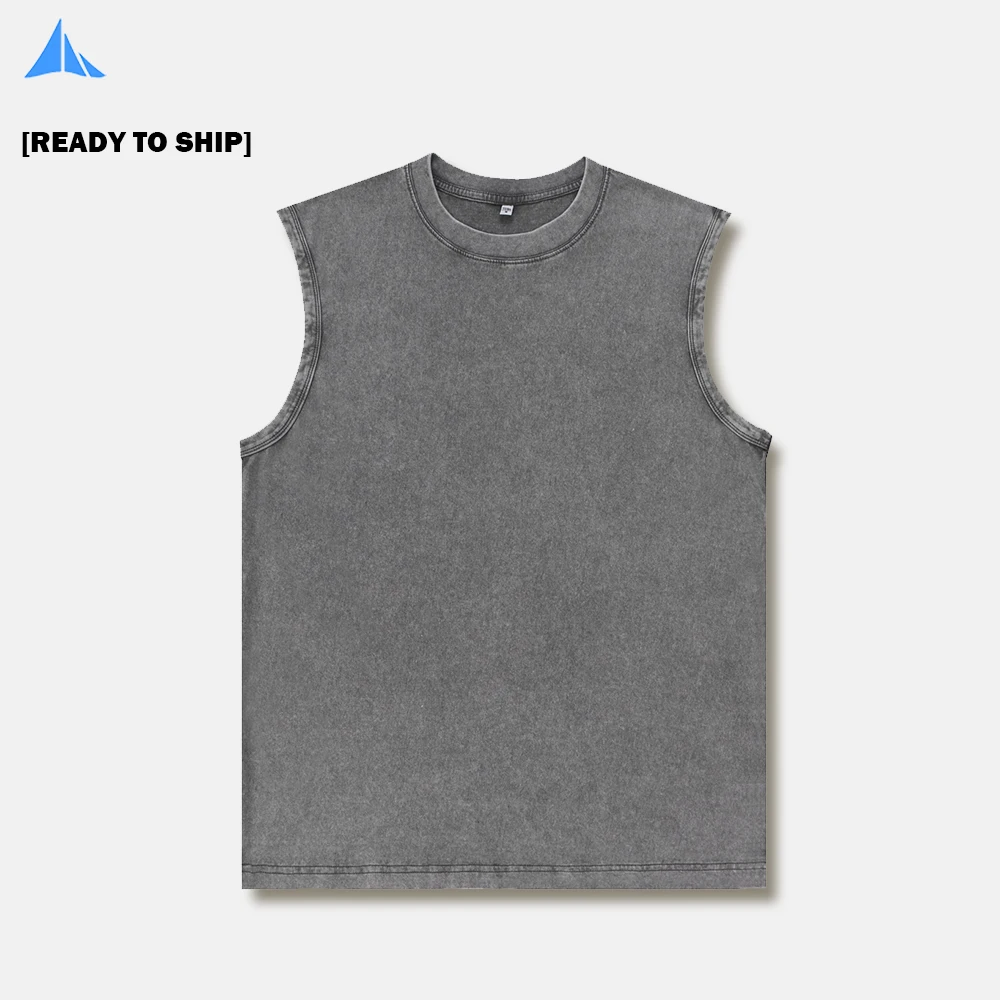 2025 new production acid washed sleeveless tshirt snow washed 230gsm 100% cotton tshirt grey tshirt for man