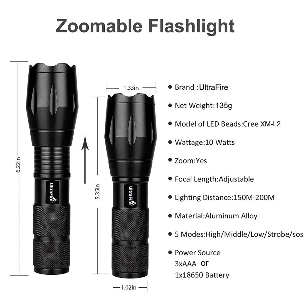 Hight Quality A100 XM-T6 High Lumens Waterproof Tactical Flashlight Zoomable LED Flashlight with Rechargeable Battery