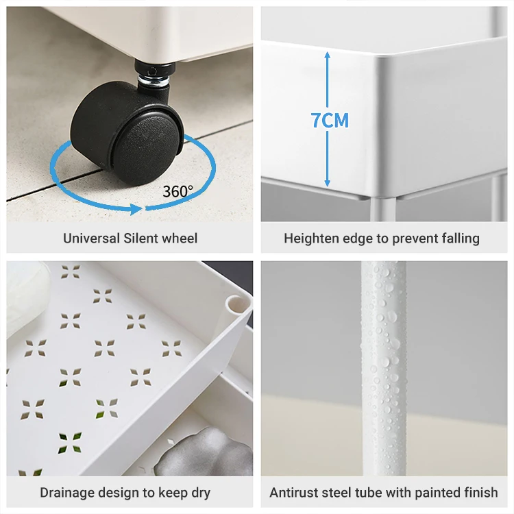 4 Tier White Square Plastic Material Without Handle Utility Mobile Rolling Cart Serving Home Shelves Storage Rack