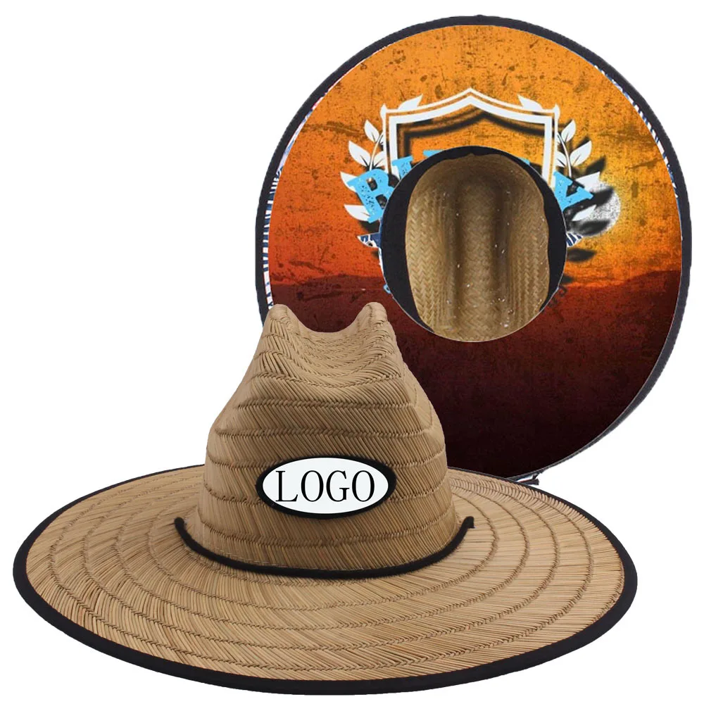 Custom Bottom Print Panama Straw Hats Summer Large Brim Surf Beach Hat Outdoor Wide Brim Sun Lifeguard Straw Hat With Patch Logo
