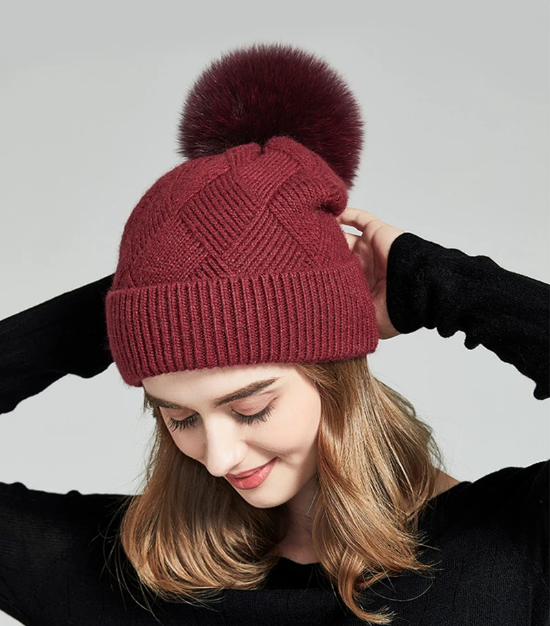 hot sell cute woman cashmere wool cable knit winter warm beanie hat with fox ball