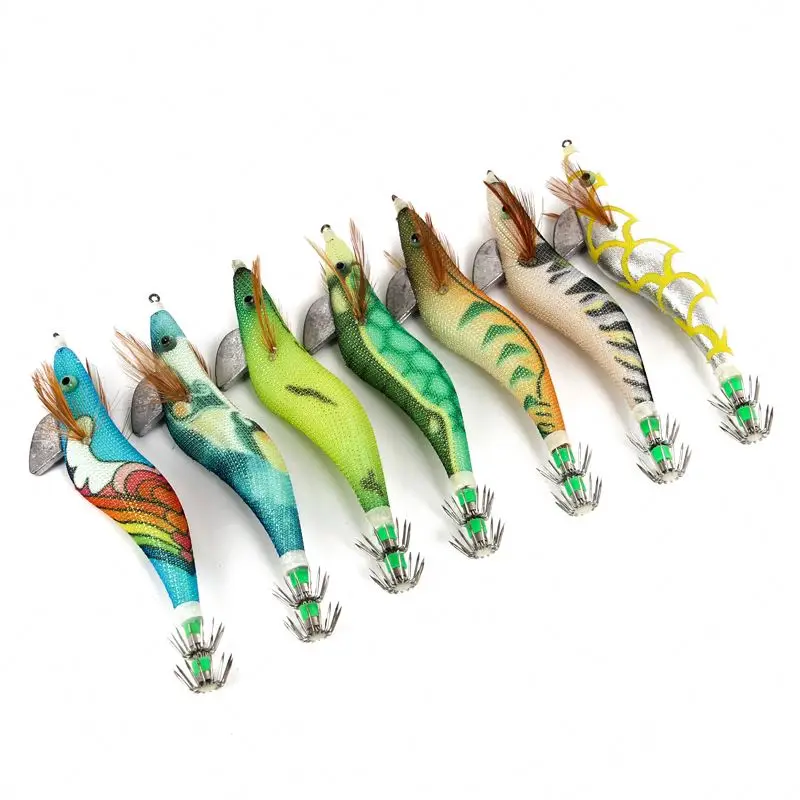 3.5# Luminous Fishing Lures Baits Squid Jigs Hooks Commercial Squid Jig Hooks  Wood Shrimp Lure Wooden Oem Soft Squid Jig