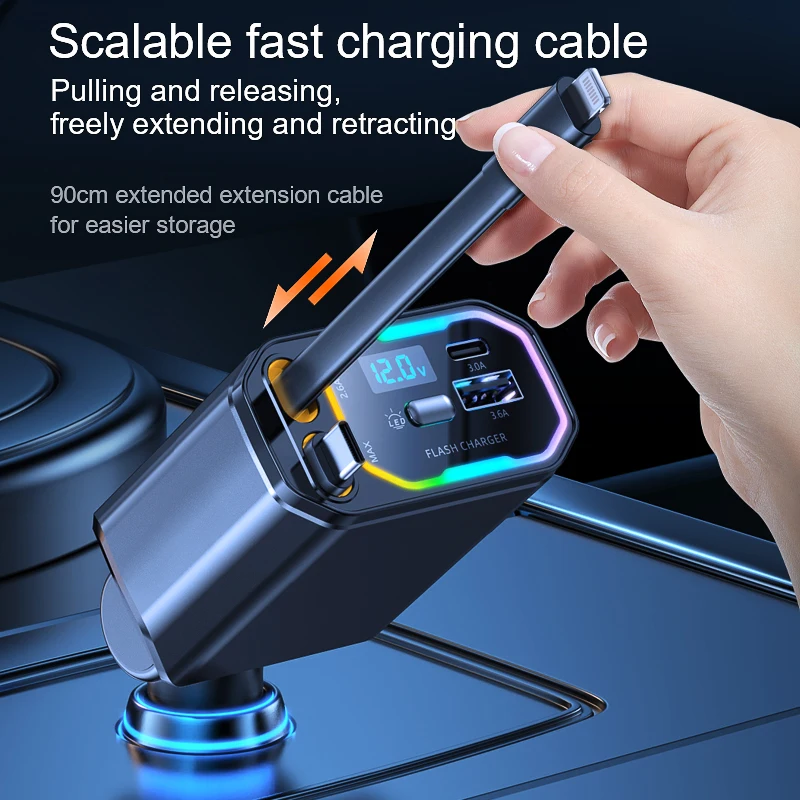 New 4 in 1 Multifunctional Wireless Car Charger 12-24v Quick Charger with LED Light 2 Retractable Cigarette Lighter Cables