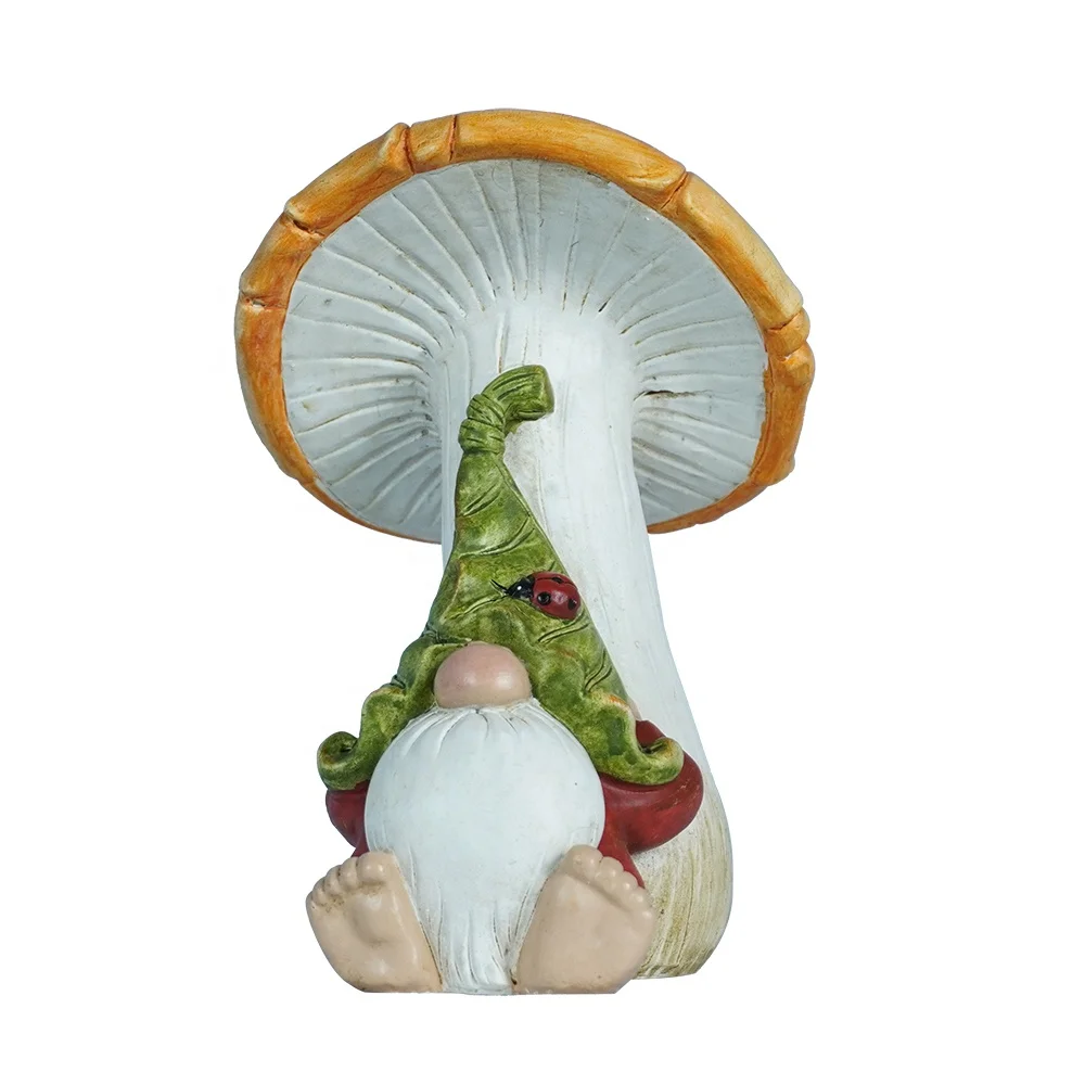 Outdoor Gnomes Decorations garden gnome sitting under mushroom with ladybug  Resin garden gnome statue