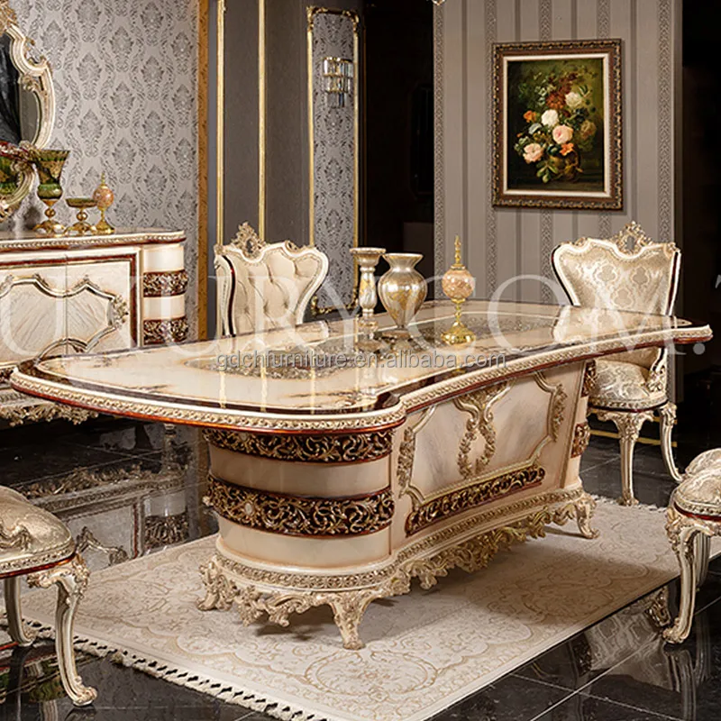 European royal dining table set 6 seater luxury dining table solid wooden table and chair French dining room furniture