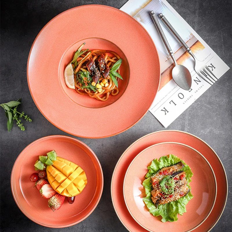 Restaurant Dinner Set Porcelain Crockery Handmade Pottery Platos Cup Stoneware Plate Bowl Durable Orange Color Ceramic Tableware
