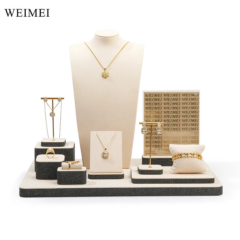 WEIMEI golden microfiber Beige jewelry display props jewelry stand set necklace ring display display stand