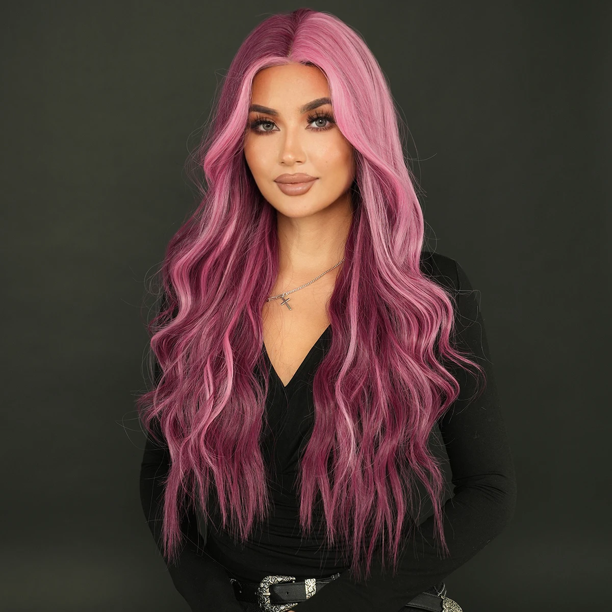 28 Inch Lace Front Purple and Pink Long Wavy Wigs for Women Heat Resistant Synthetic Hair Wig Curly HD Lace Wig Peluca Cosplay