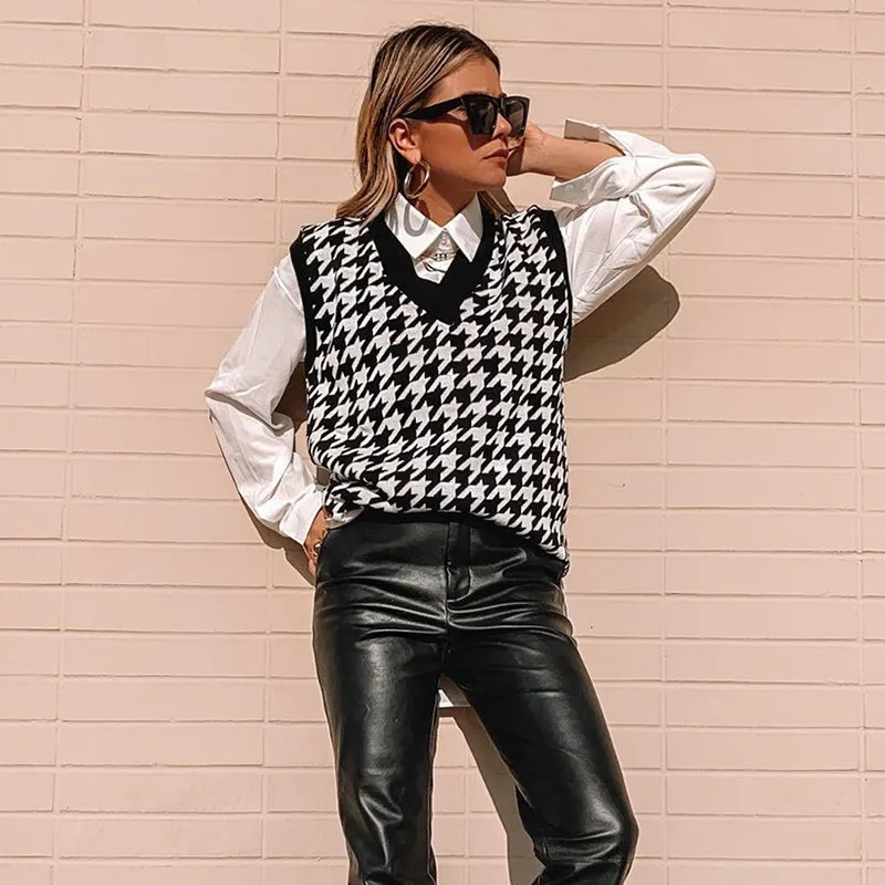 
2020 V-Neck Houndstooth Vest Sleeveless Knit Sweater Sueter Mujer Knit Houndstooth Cardigan Pull Sans Manche 