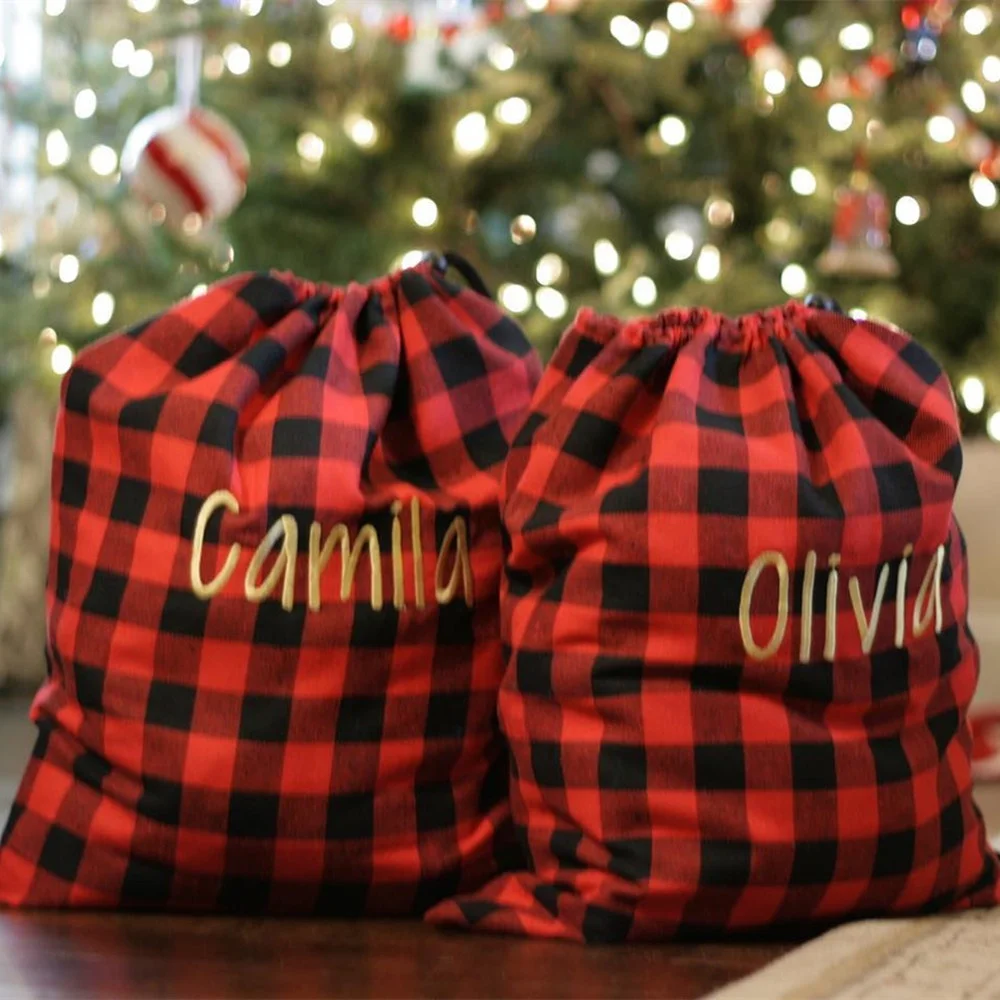 Готово к отправке, Рождественская красная клетчатая Подарочный мешок на шнурке красный буйвола в клетку Рождественский Санта мешок