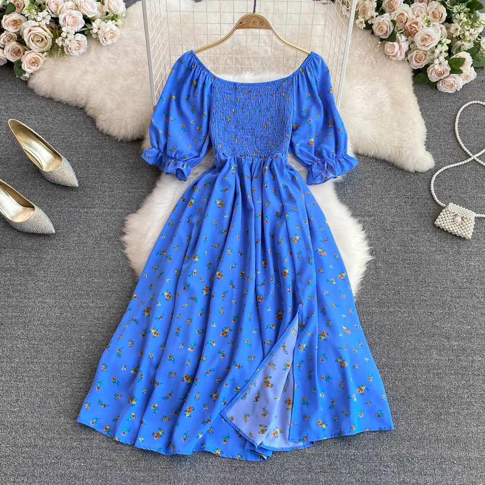 2023 Premium Summer New French Style Gentle Sweet Square Collar Puff Short Sleeve Tight Waist Slimming Slit A- Line Casual Dress