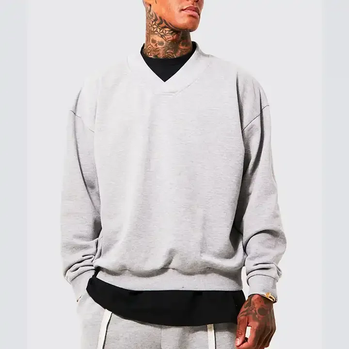 Wholesale High Quality Grey French Terry Cut And Sew Rib Hem Hoodie Drop Shoulder Design V Neck Sweatshirt For Men