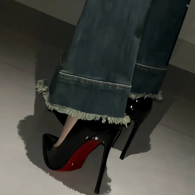 Red sole rhine-diamond high heels women feel fine with black patent leather all matching temperament beauty pointy single shoes