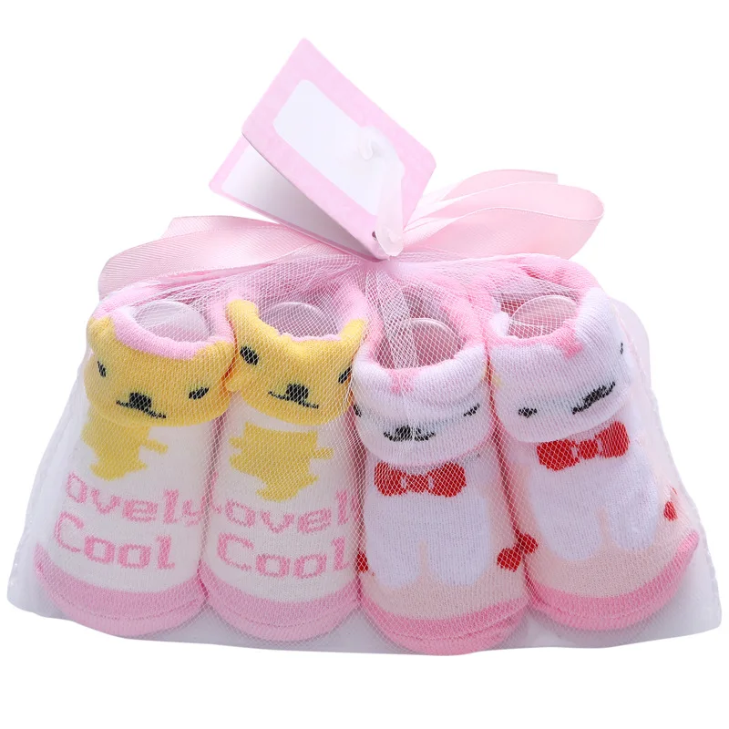 Cartoon Stripe 4 in 1 Pack Winter Baby Socks Set 0-12 Months Ankle Socks Infants Little Girls Boys Anti Slip Cotton Baby Socks