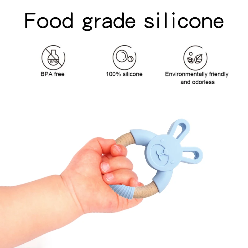 Лидер продаж, милые пищевой кролик формы силиконовые и деревянные Детские Прорезыватель для зубов милые ручки для прорезывания зубов Жевательная силиконовый Банни Прорезыватель для зубов
