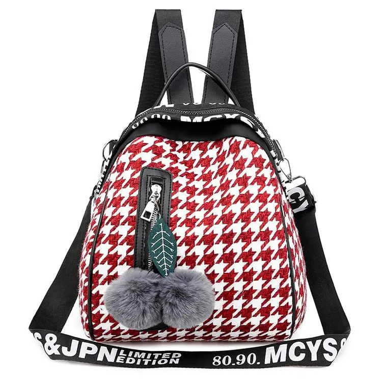 
Hot Sale Fashion Strap Houndstooth Teenager Cross Body Shoulder Bag Youth Students Schoolbag College Women Backpack With Pompom 