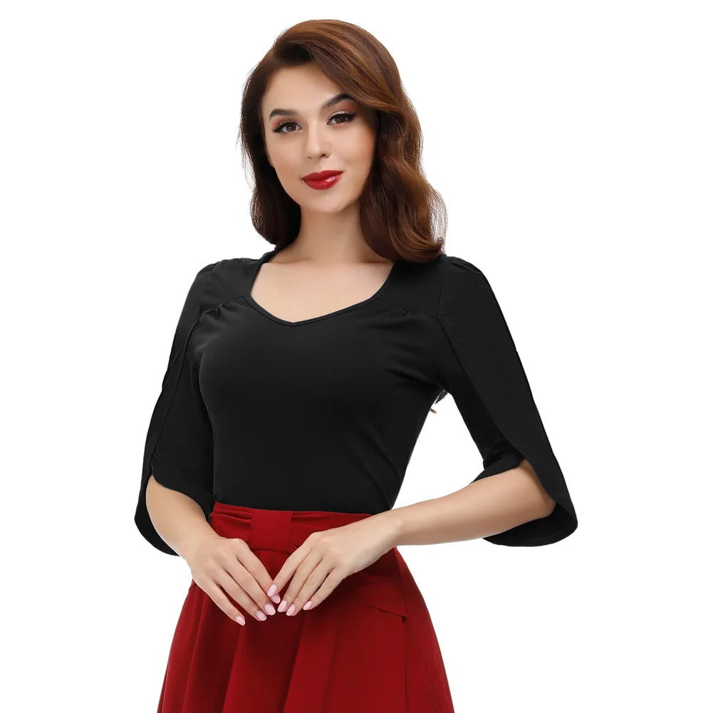 BPE02196 BP Women Petal Sleeves T-Shirt Cotton 3/4 Sleeve Sweetheart V-Neck Tops