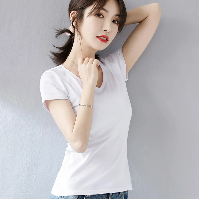 Women Summer Cotton Tee Shirts Blank  Tshirts With logo Custom logo Printed