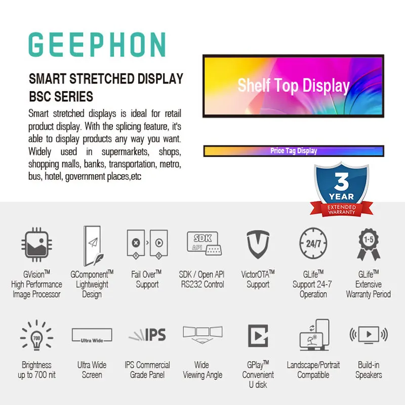 Free OpenAPI SDK U.S warehouse 3 year warranty shelf screen advertising screen  lcd screen display stretched bar lcd displays