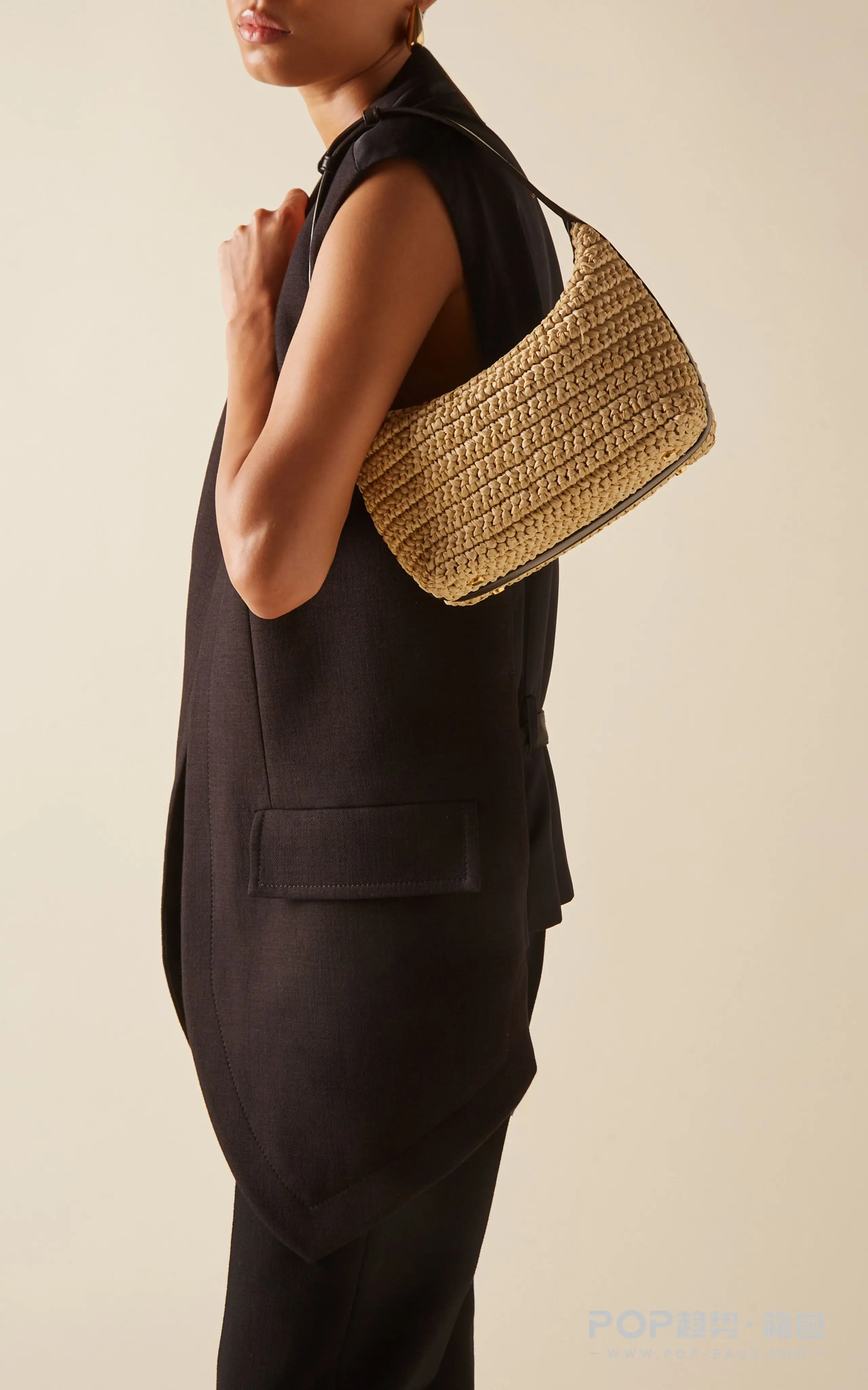 Full Custom Handmade Crochet Raffia Shoulder Bag With Leather Handle Handbag Eco-friendly Rattan Weaving Purse for Women Luxury