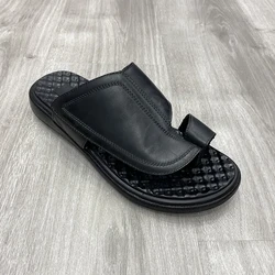 New design vintage leather good quality hardware decorative belt buckle mens slides slippers